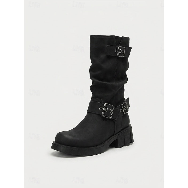 Ladies Buckle-Detail Mid-Calf Biker Boots