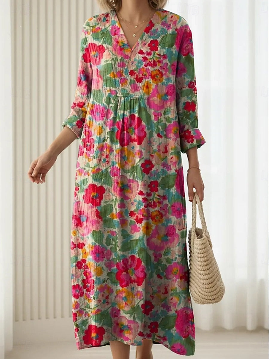 Floral V-Neck Long Dress for Women, Everyday Style