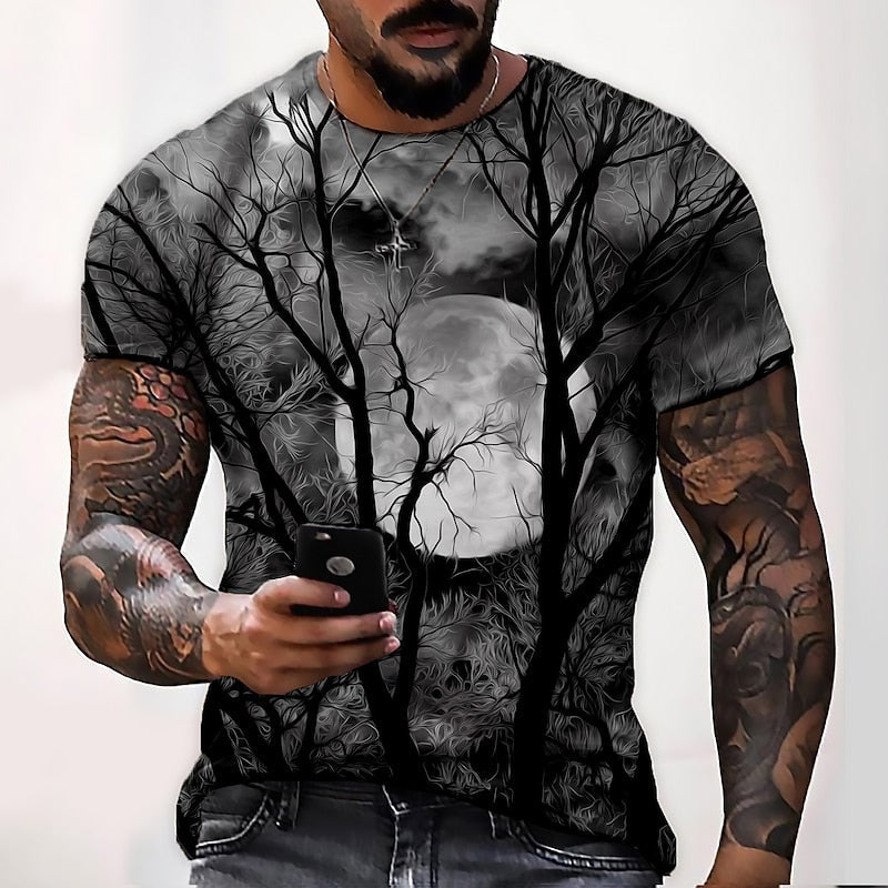 Halloween Moon Graphic Crew Neck T-Shirt for Men, Plus Size