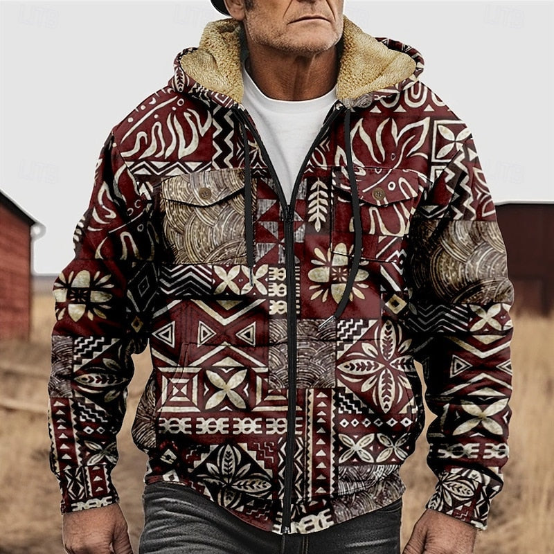 Patterned Zip Hooded Jacket for Men