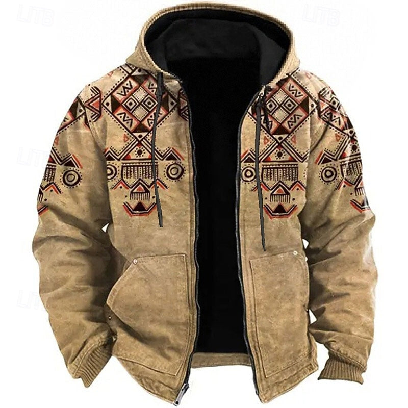 Heritage Patterned Hooded Jacket for Men, Plus Size