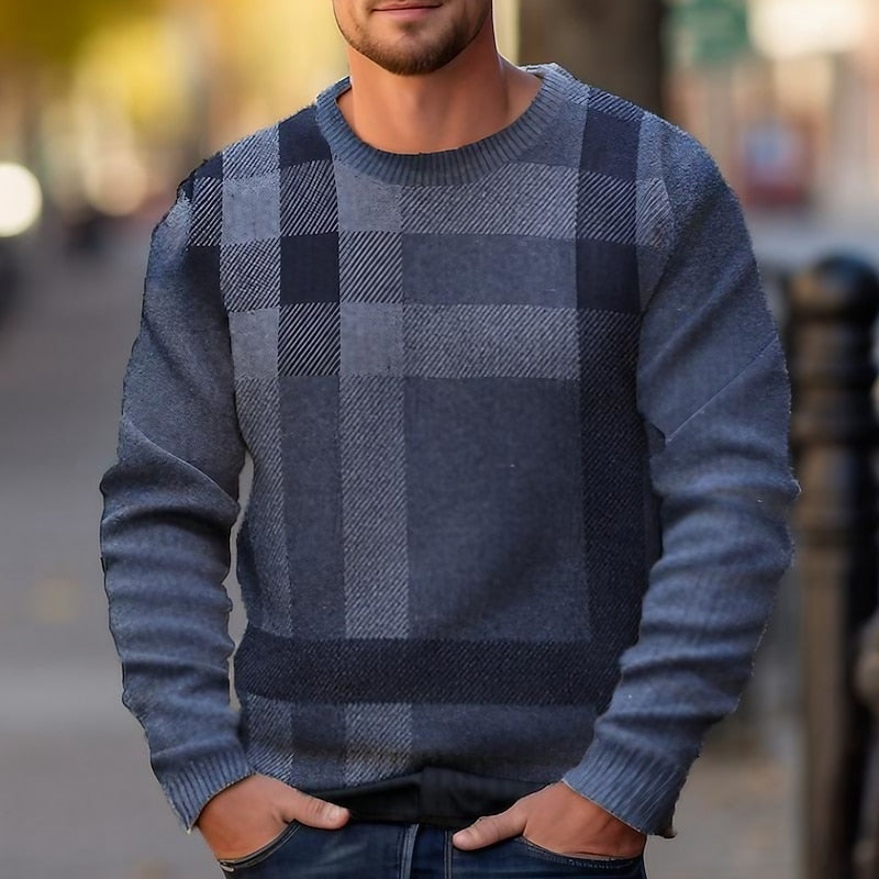Gray Checked Crew Neck Sweater for Men