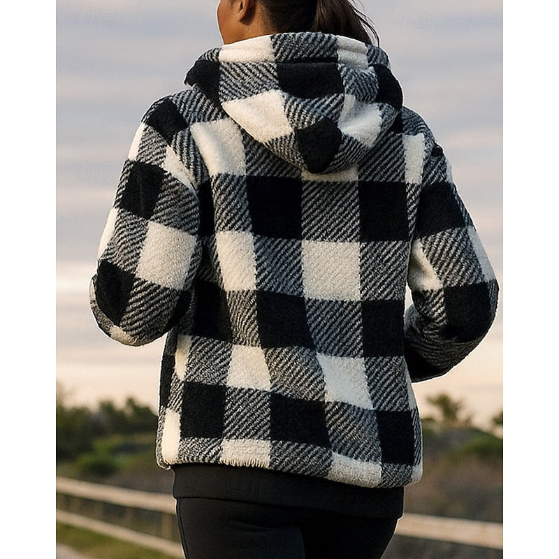 Quarter-Zip Checkered Hoodie for Women, Cozy Style