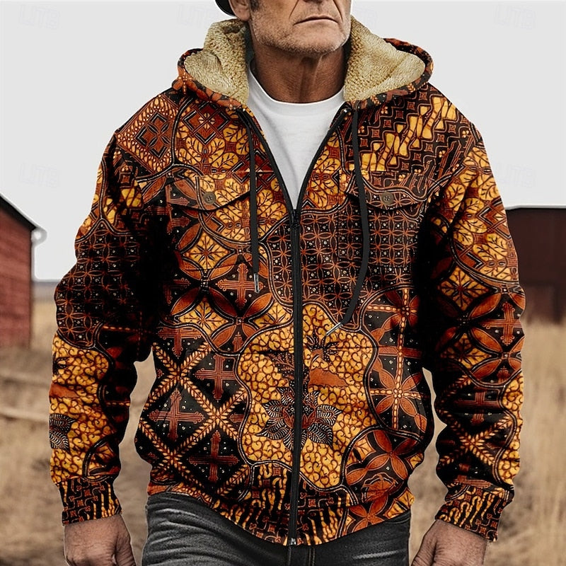 Patterned Zip Hooded Jacket for Men