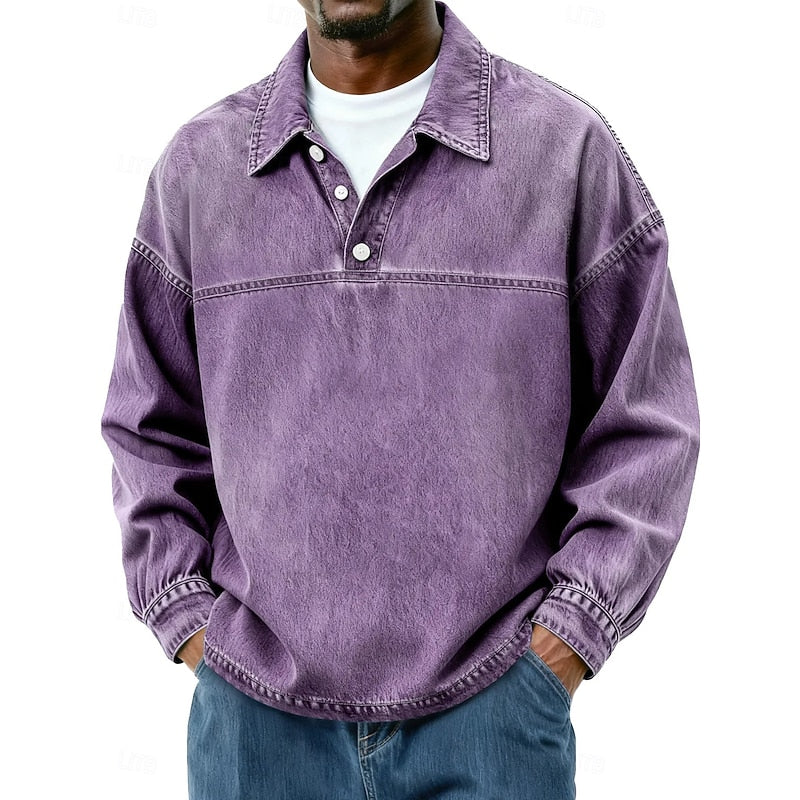 Washed Long Sleeve Polo Shirt for Men, Plus Size