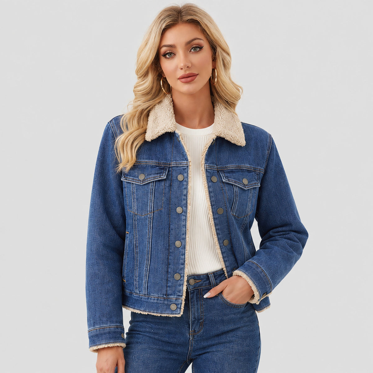 Women's Fleece Pocketed Lined Warm Denim Jacket – Denim Blue