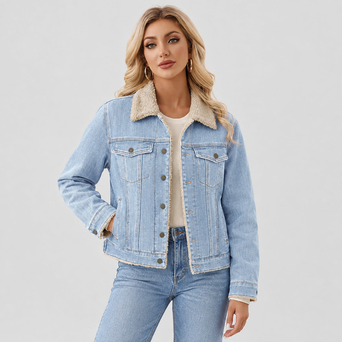 Women's Fleece Pocketed Lined Warm Denim Jacket – Aquablue