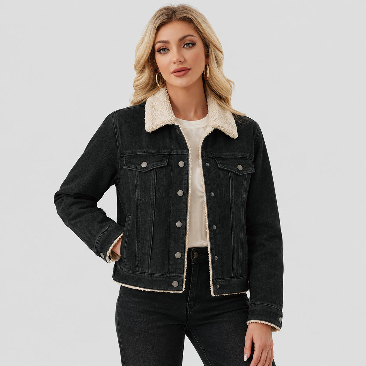 Women's Fleece Pocketed Lined Warm Denim Jacket – Black