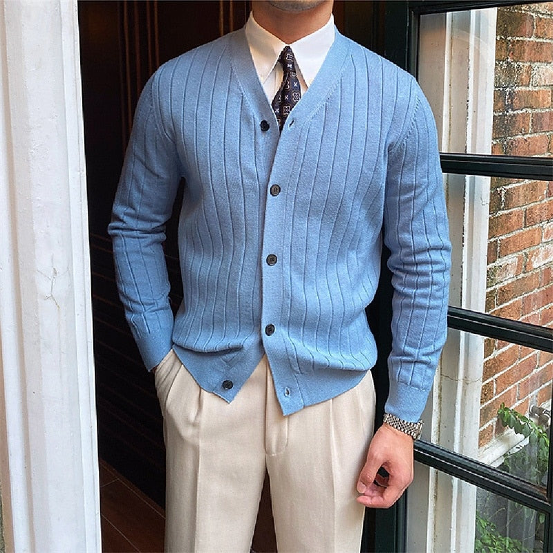Ribbed V-Neck Button Cardigan for Men, Plus Size
