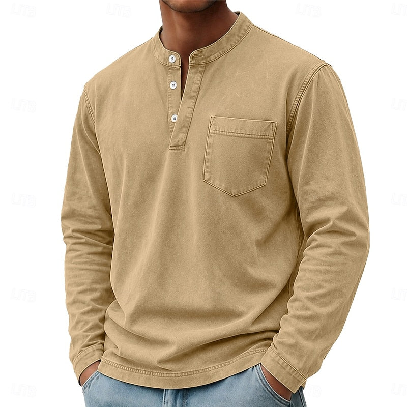 Washed Henley Shirt for Men, Vintage Style