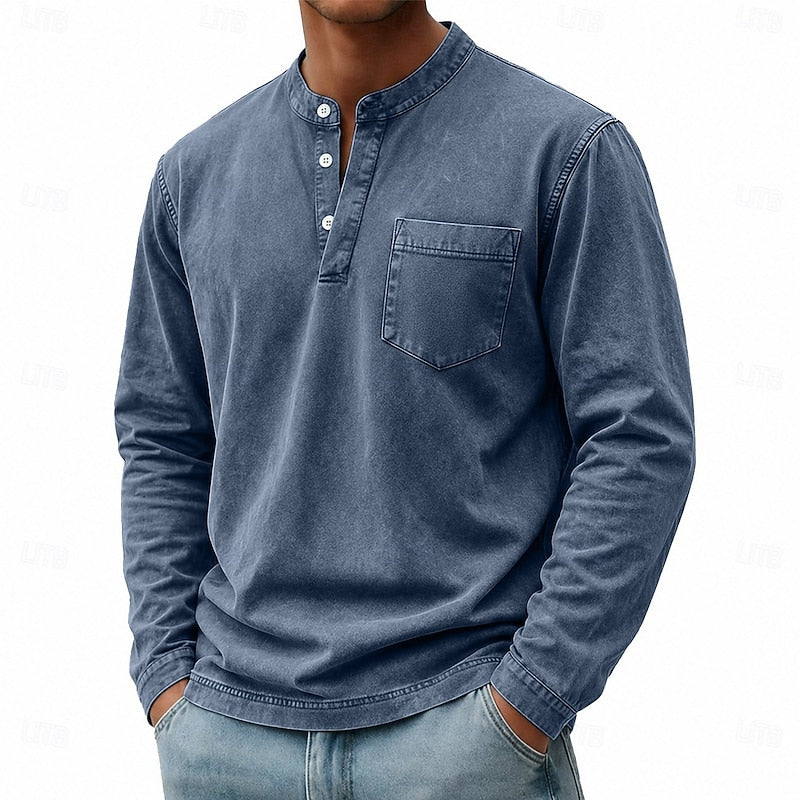 Washed Henley Shirt for Men, Vintage Style