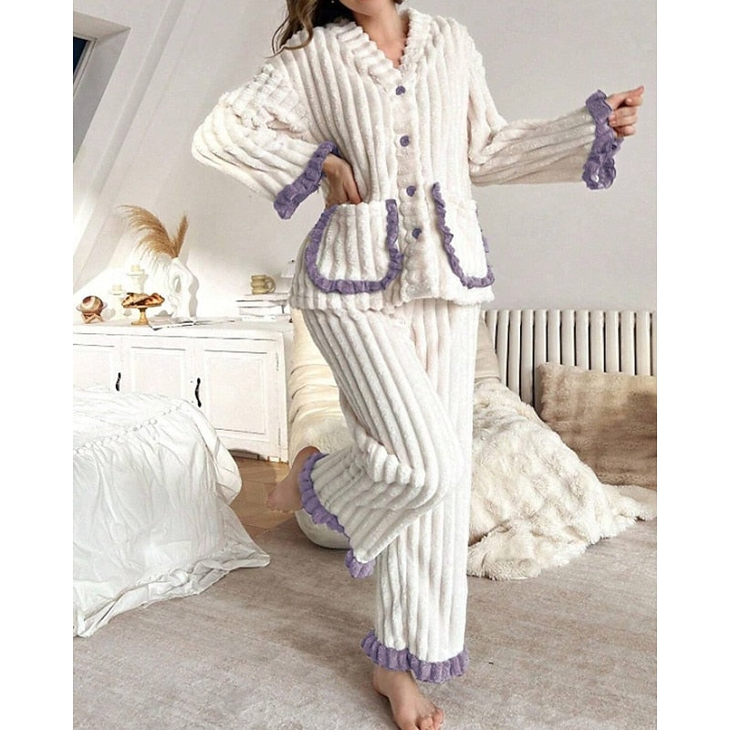 Cozy Ruffle-Trim Two-Piece Set for Women