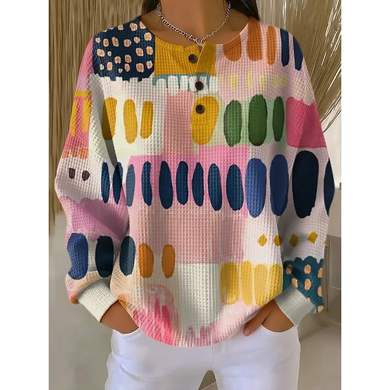 Button-Neck Print Sweatshirt for Women