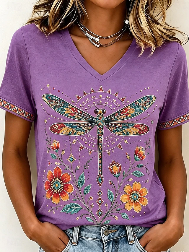 Artful Dragonfly V-Neck T-Shirt for Women, Plus Size