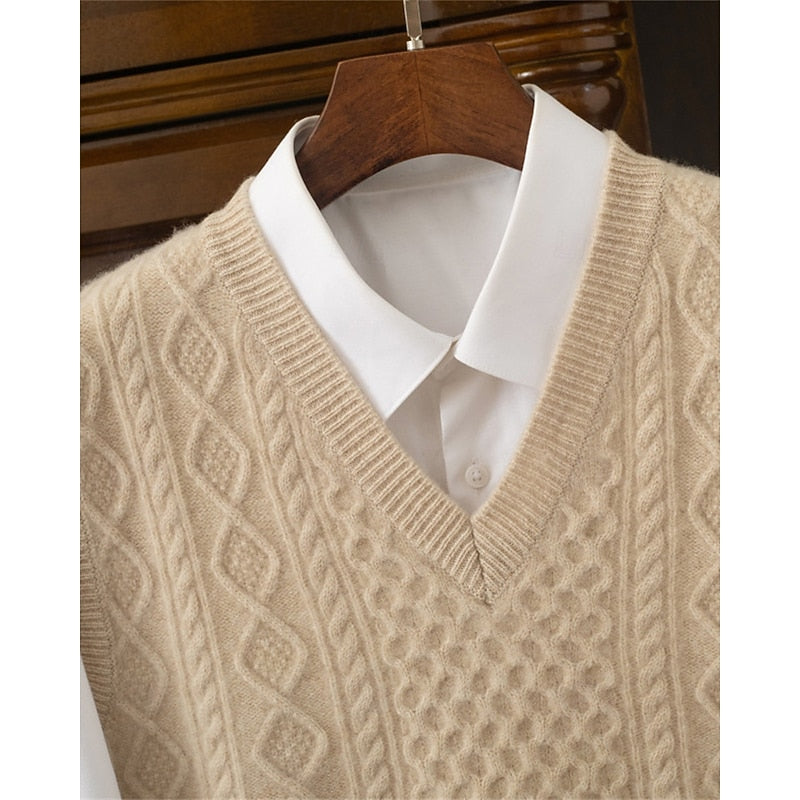 Cable-Textured V-Neck Sweater Vest for Men, Plus Size