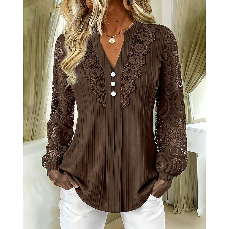 Lace-Trimmed Long Sleeve Blouse for Women
