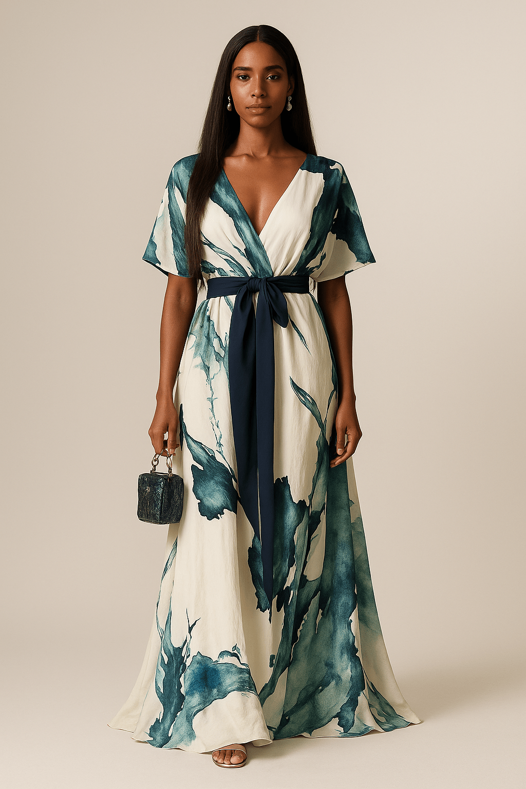 Green Watercolor Print Long Dress for Women