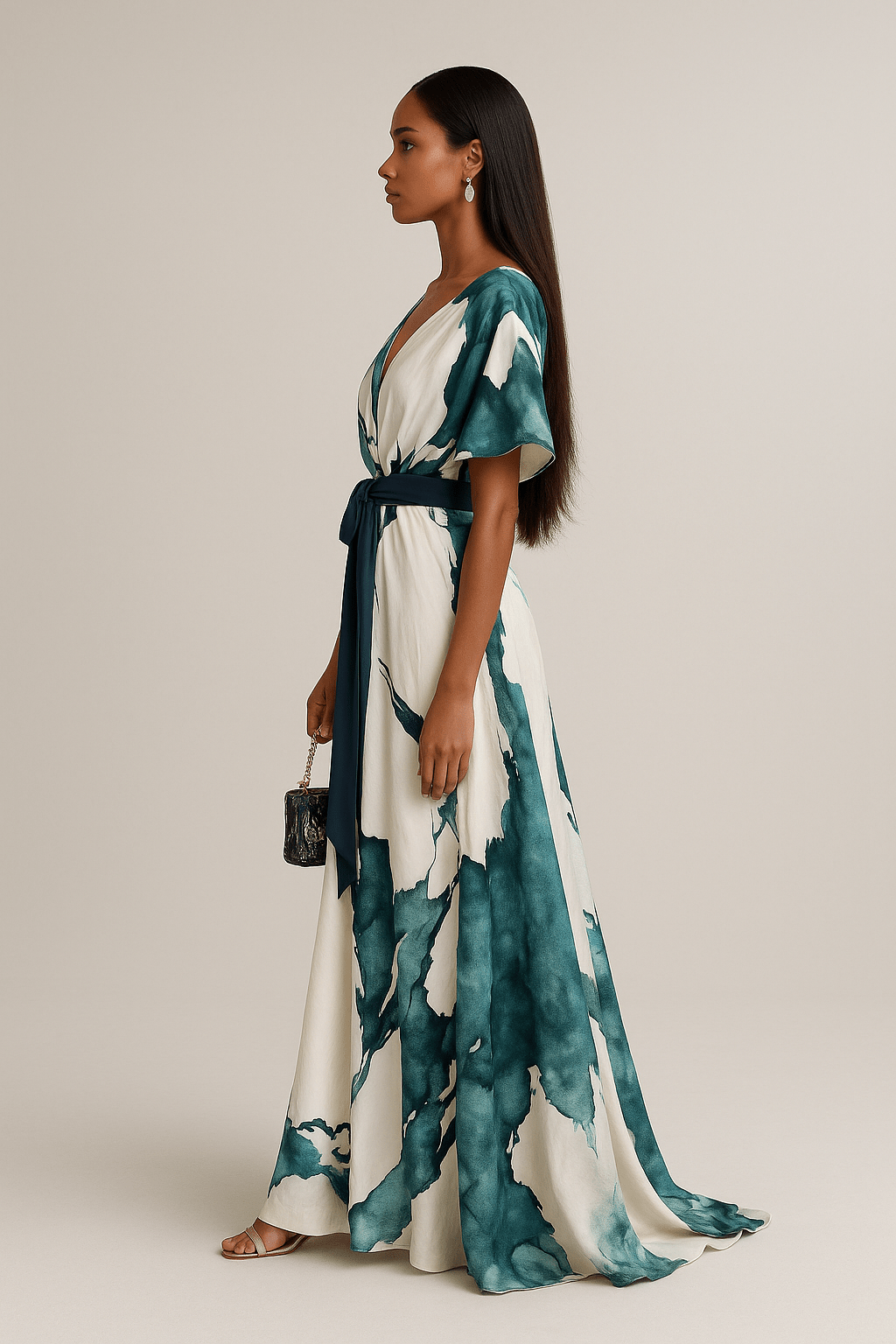 Green Watercolor Print Long Dress for Women