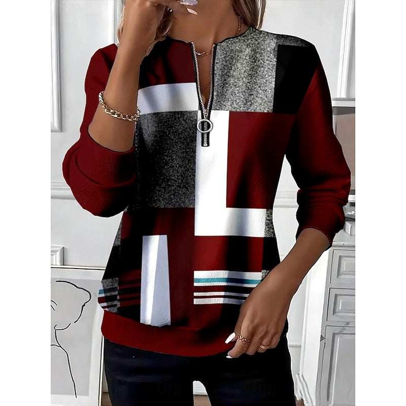 Wine Color Block Zip-Neck Sweatshirt for Women