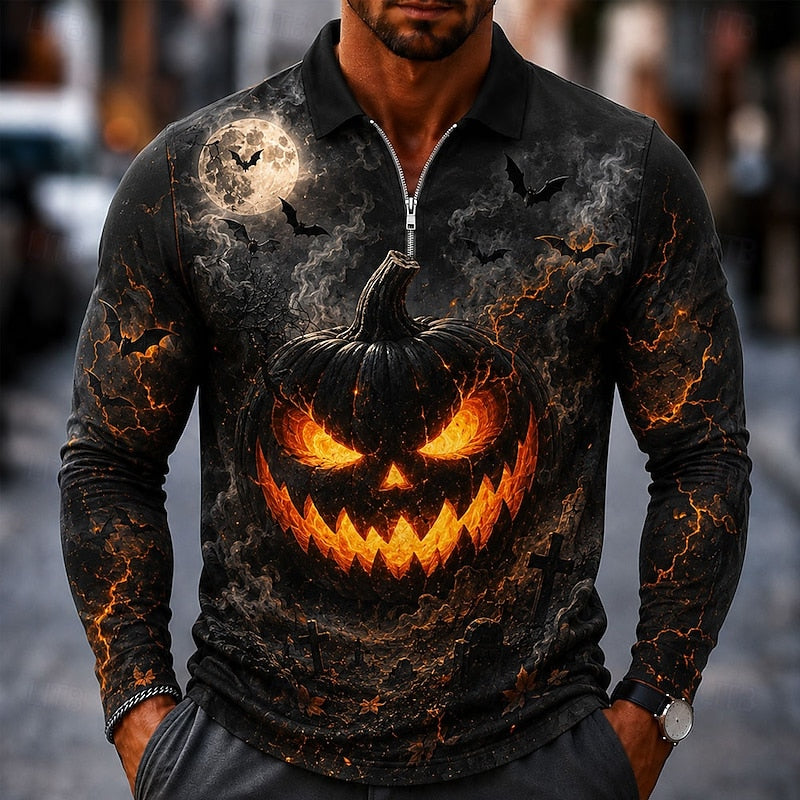Halloween Zip Long-Sleeve Polo Shirt for Men
