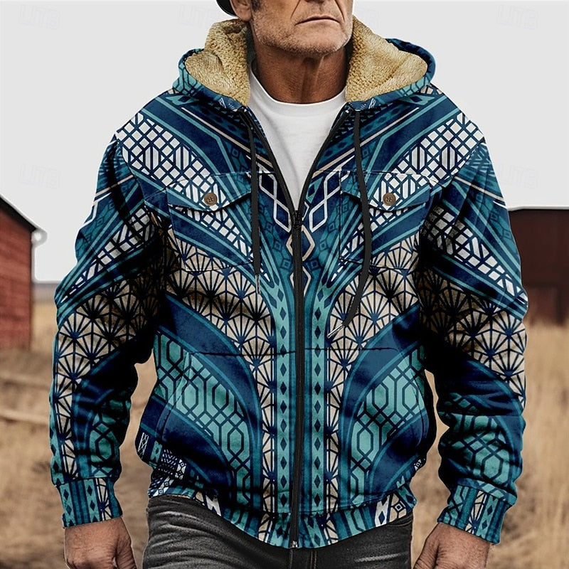 Patterned Zip Hooded Jacket for Men