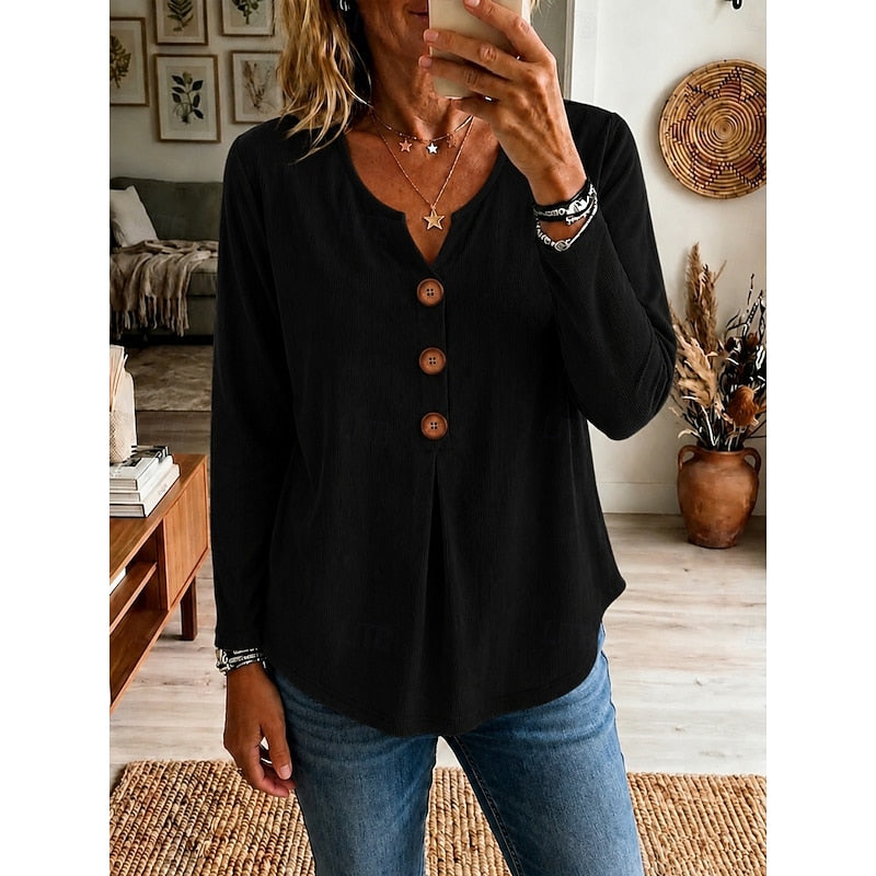 Buttoned V-Neck Top for Women, Plus Size
