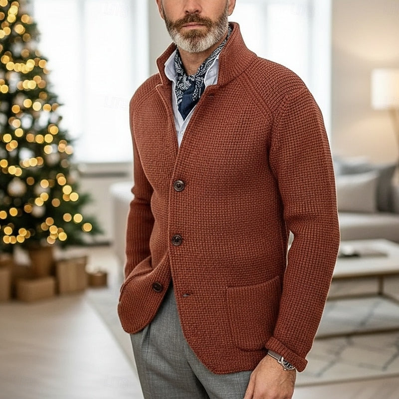 Stand-Collar Cardigan for Men, Textured Style
