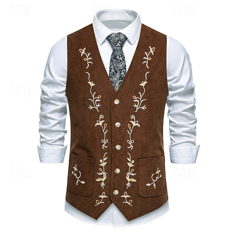 Embroidered Single-Breasted Waistcoat for Men