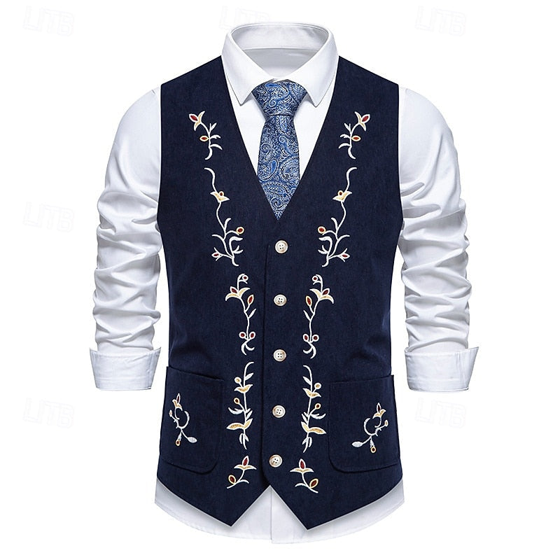Embroidered Single-Breasted Waistcoat for Men