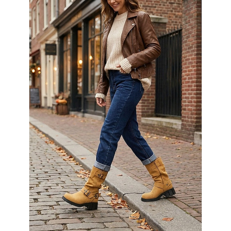 Ladies Buckle-Detail Mid-Calf Biker Boots