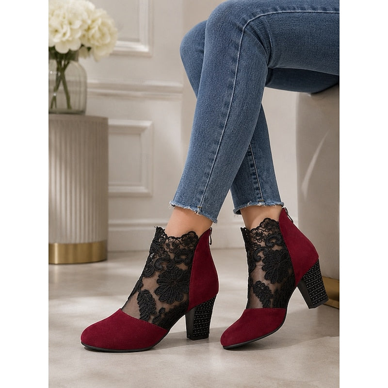Lace-Accent Heeled Ankle Boots for Women