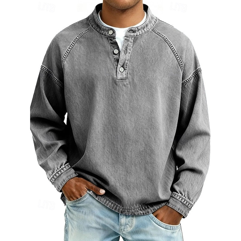 Washed Stand-Collar Henley Shirt for Men, Vintage Style