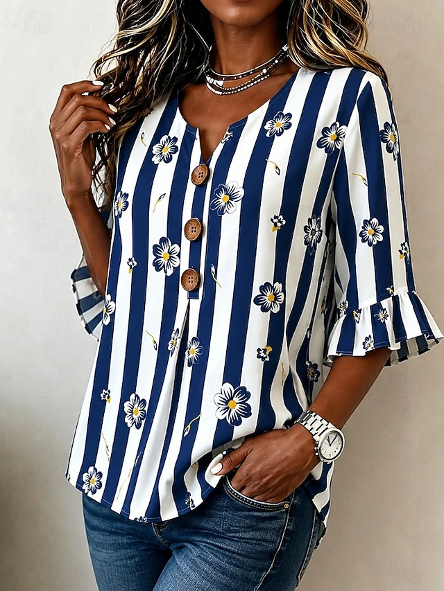 Floral Striped V-Neck Blouse for Women