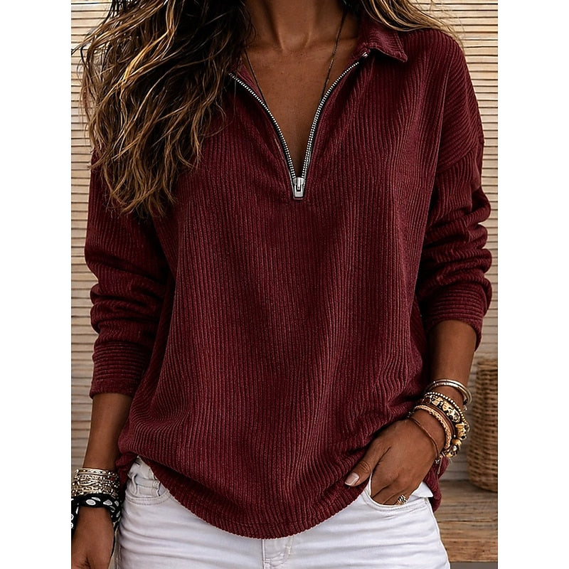 Ribbed Quarter-Zip Pullover Top for Women