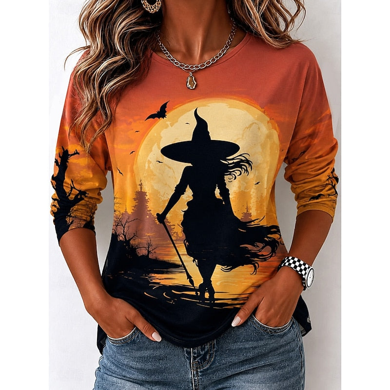Halloween Witch Graphic Long Sleeve Top for Women