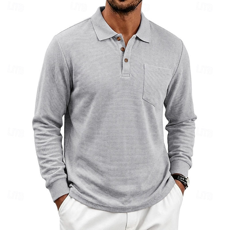 Textured Long-Sleeve Polo Shirt for Men, Plus Size