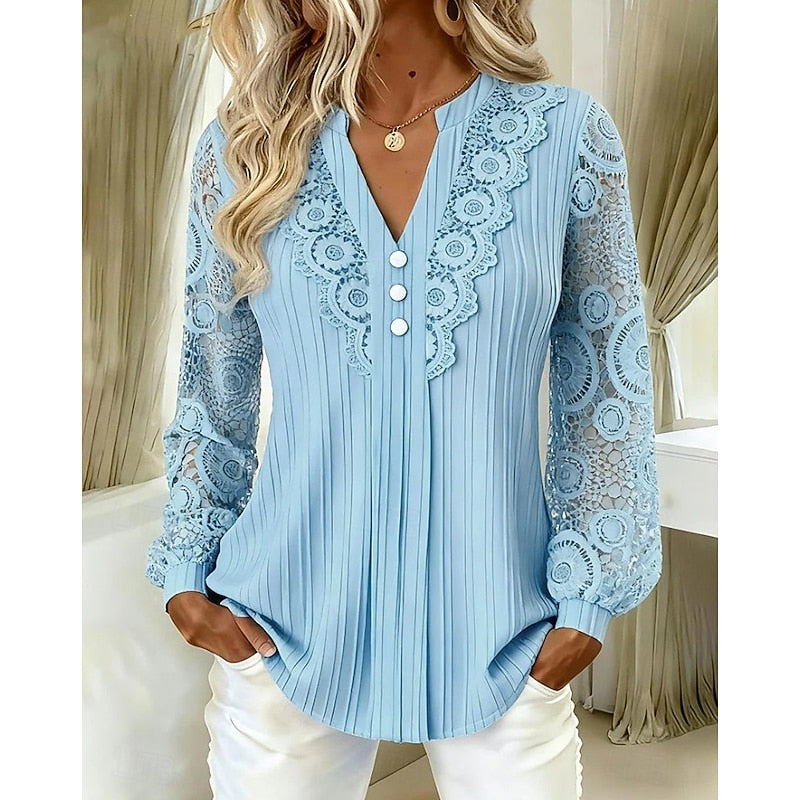Lace-Trimmed Long Sleeve Blouse for Women