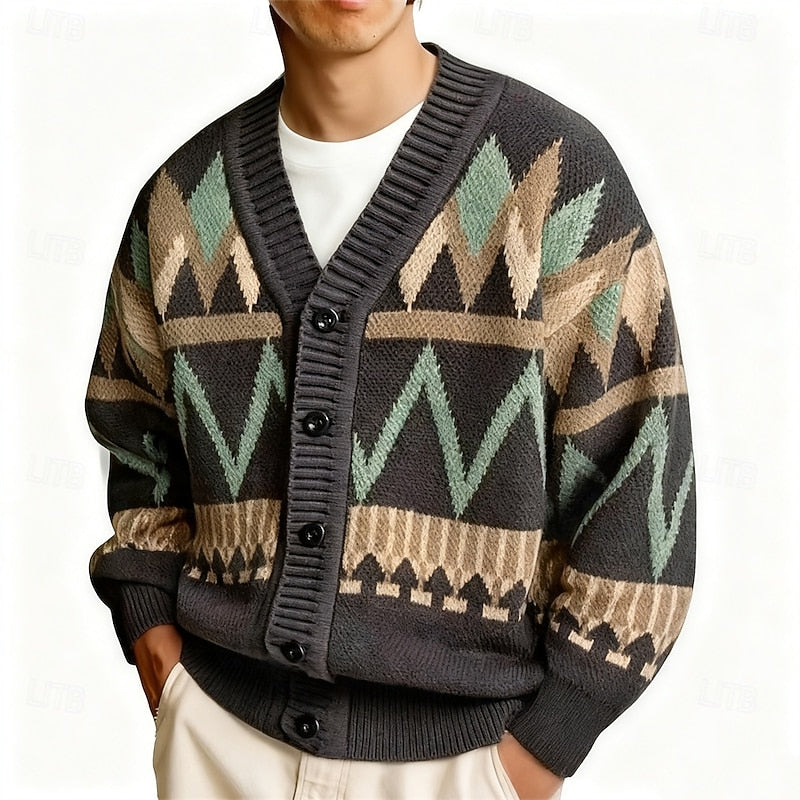 Patterned Button-Up Cardigan for Men, Plus Size