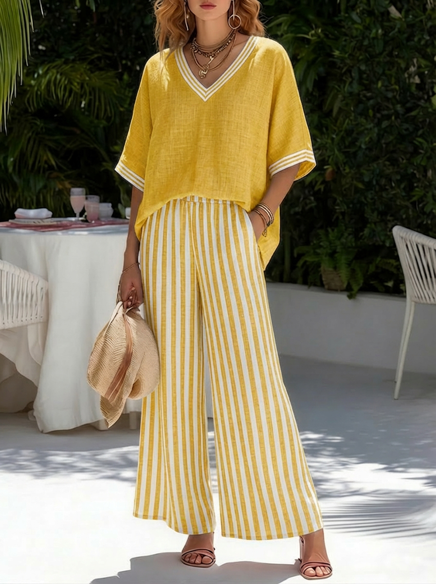 Stylish V-Neck and Stripe Pants Set for Women, Plus Size