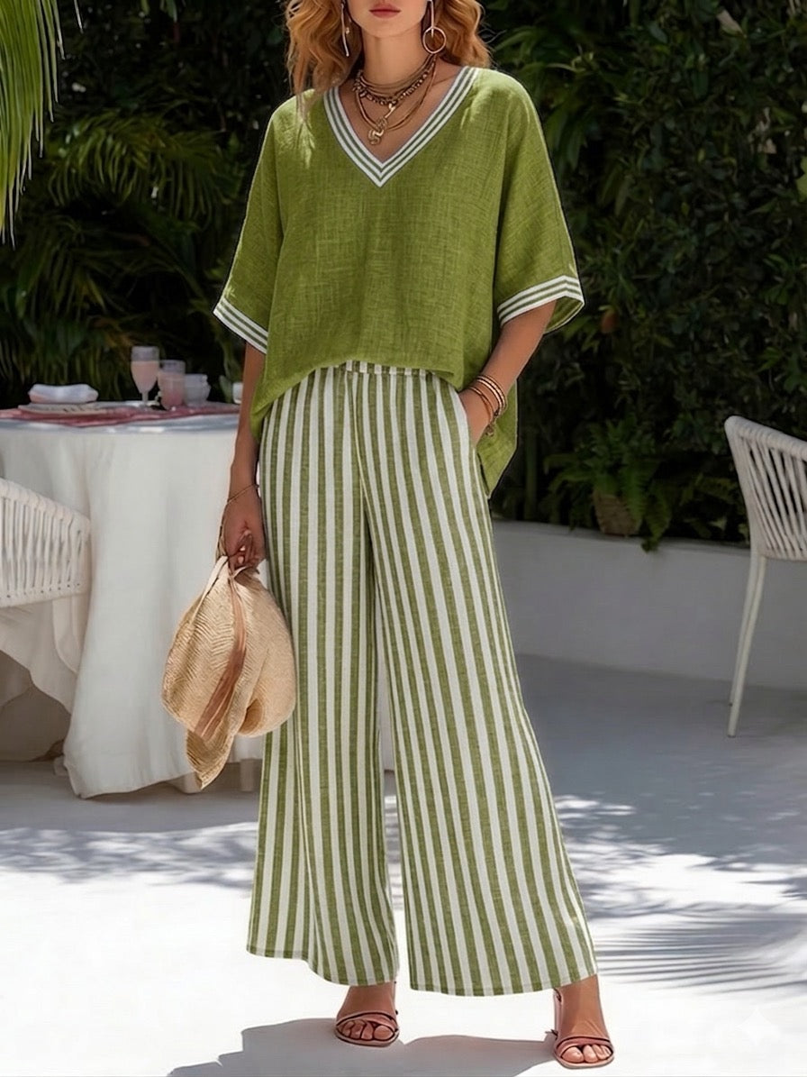 Stylish V-Neck and Stripe Pants Set for Women, Plus Size