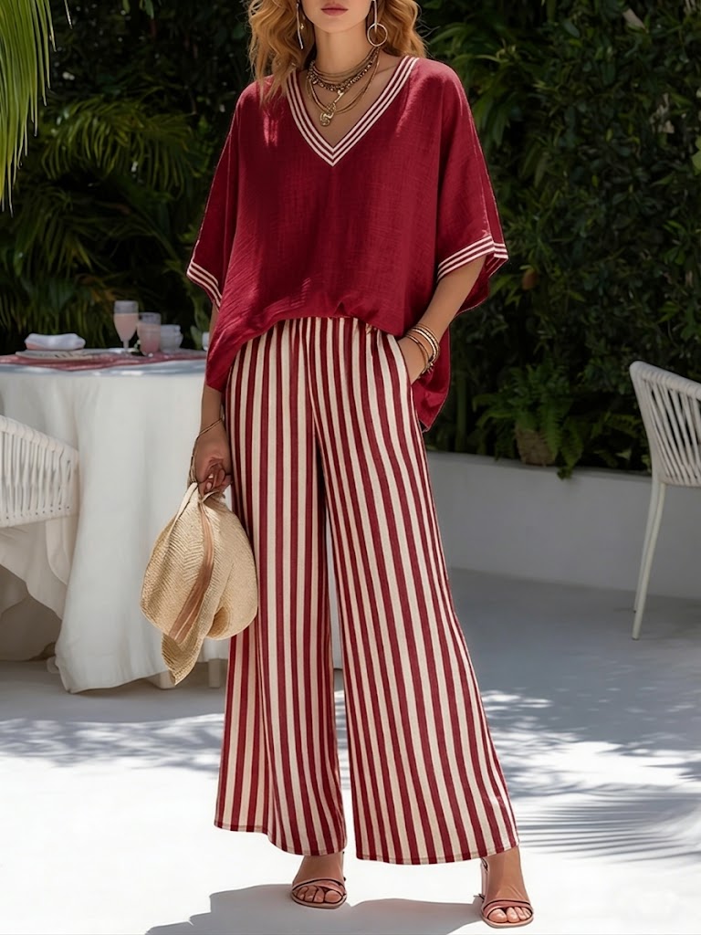 Stylish V-Neck and Stripe Pants Set for Women, Plus Size