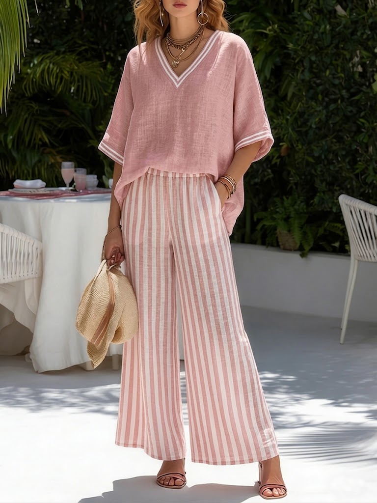 Stylish V-Neck and Stripe Pants Set for Women, Plus Size