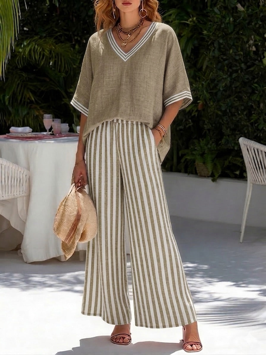 Stylish V-Neck and Stripe Pants Set for Women, Plus Size