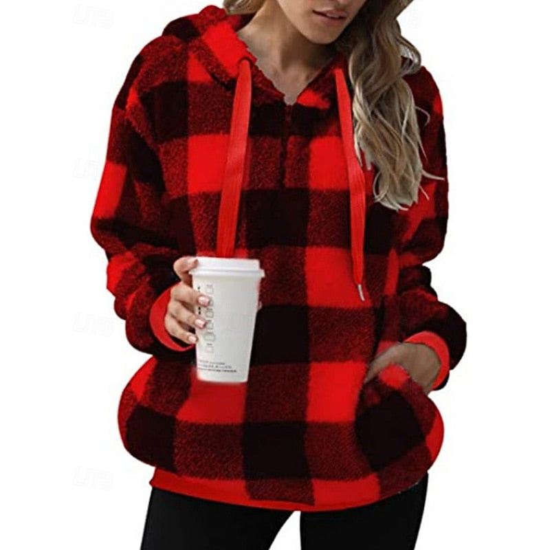 Quarter-Zip Checkered Hoodie for Women, Cozy Style