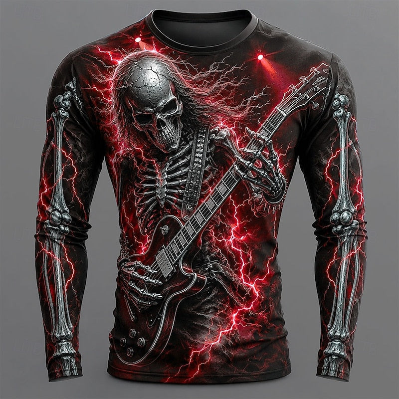 Skeleton Guitar Halloween Long Sleeve Shirt for Men, Plus Size