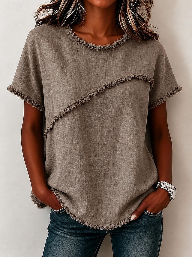 Frayed-Trim Round Neck Top for Women, Plus Size