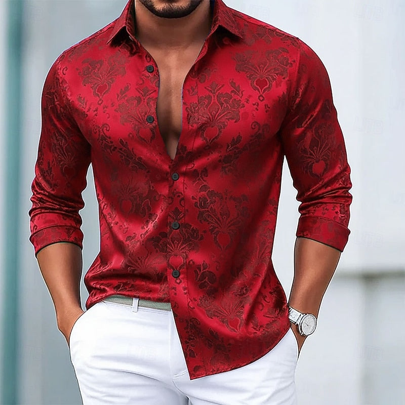 Red Refined Floral Dress Shirt for Men