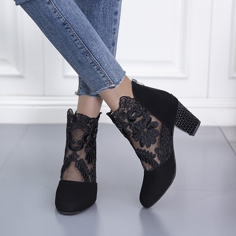 Lace-Accent Heeled Ankle Boots for Women
