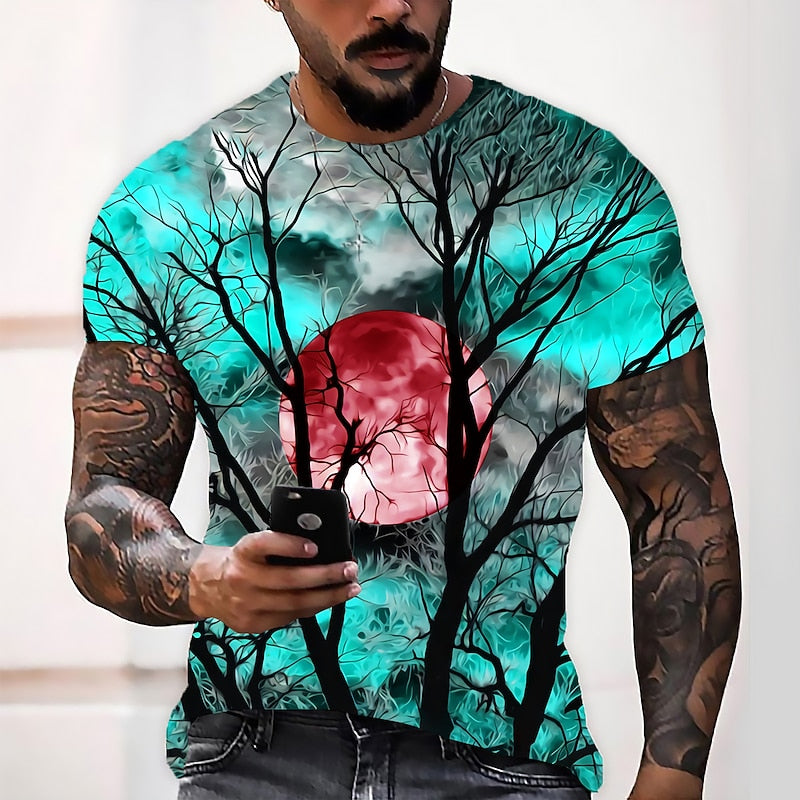 Halloween Moon Graphic Crew Neck T-Shirt for Men, Plus Size