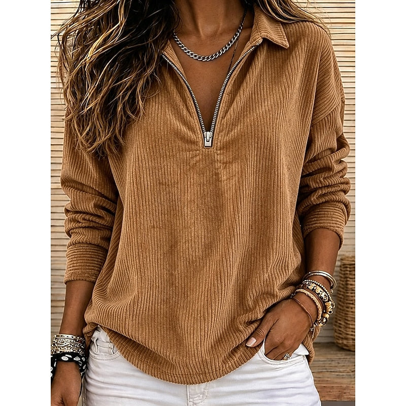 Ribbed Quarter-Zip Pullover Top for Women